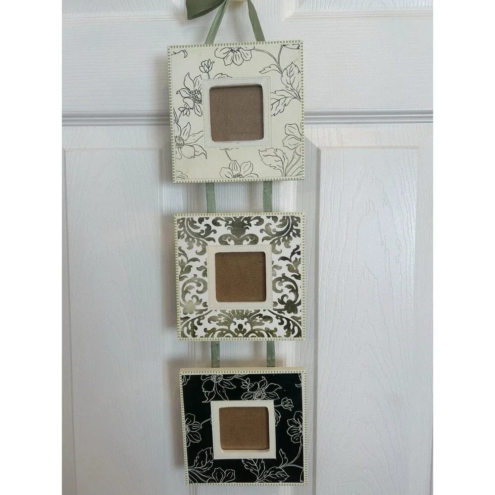 Photo Frame Cascade Wall Hanging Wood Olive Green and Cream 2